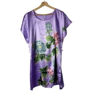 Boutique Purple Floral Satin Chinese Short Sleeve Mini Dress S